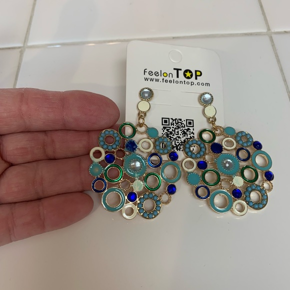 NWOT Gold costume earrings with blue and green - Picture 3 of 4